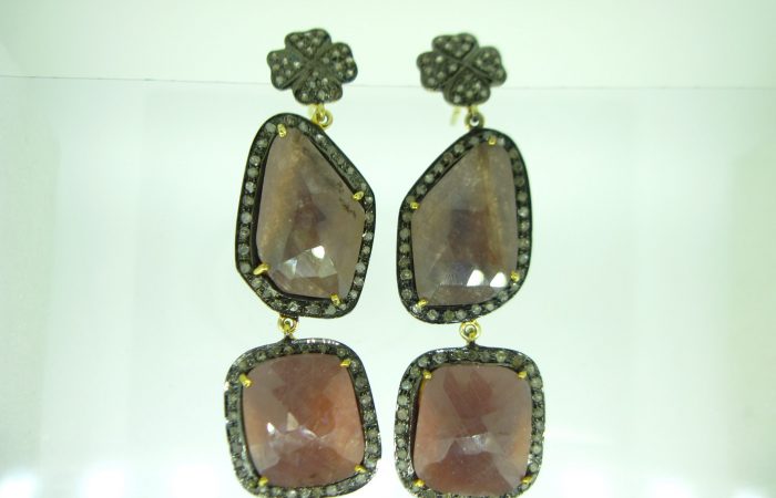 Pink Sapphire flat rose cut talpe with brown diamonds in silver Earrings